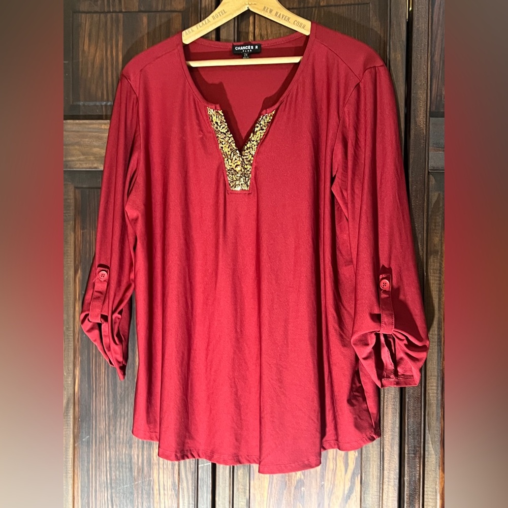 chances plus Elegant maroon Tunic with Gold sequin‎ Accents 2X